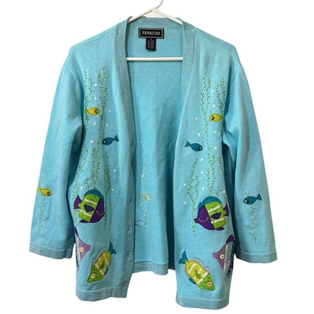 Terazzo Women Size Medium Embroidered Cardigan Sweater Long Sleeve Fish Nautical
